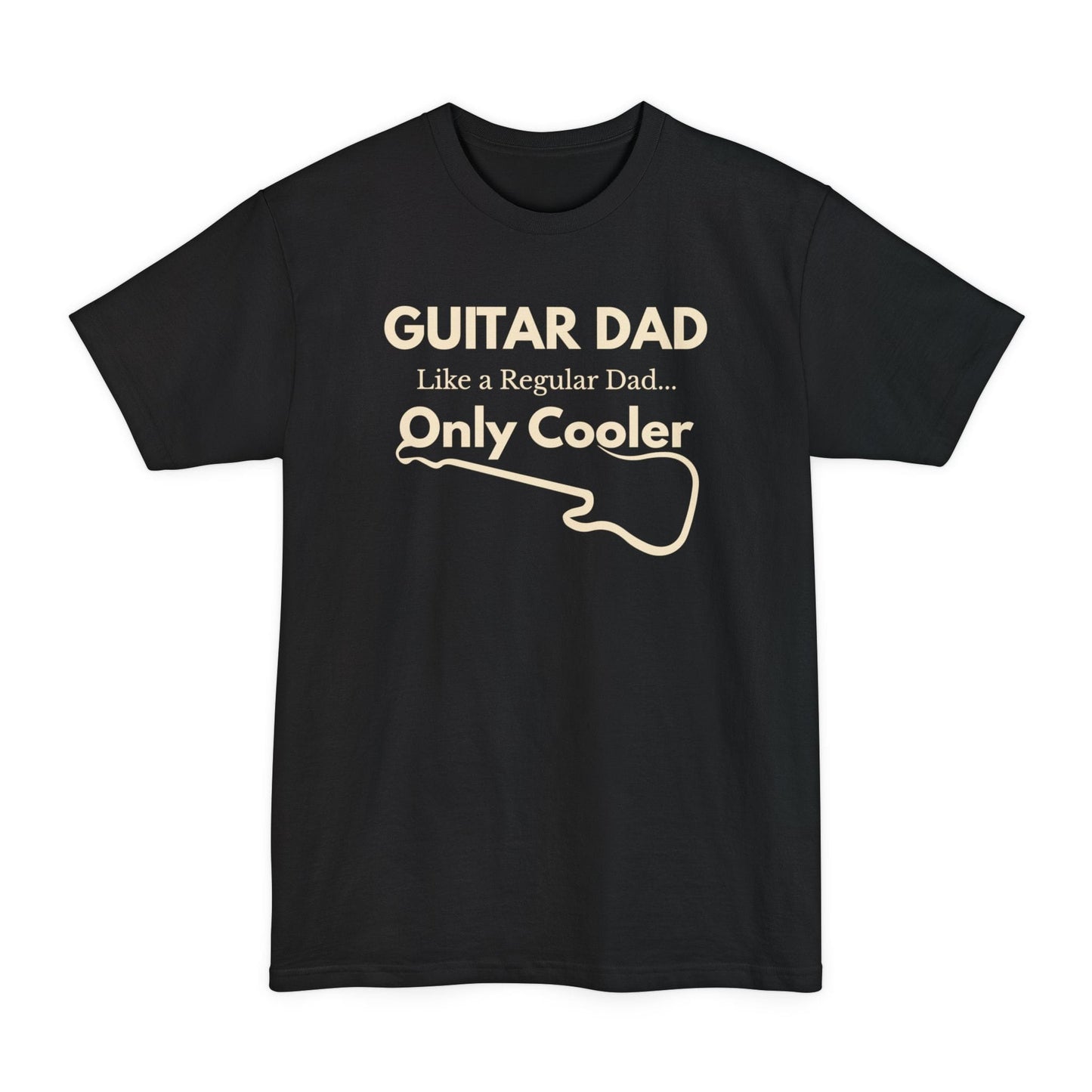 A black Guitar Dad Signature Edition Tall Fit t-shirt featuring a light beige guitar-inspired graphic on the front with integrated typography, designed with extra length for a comfortable fit.