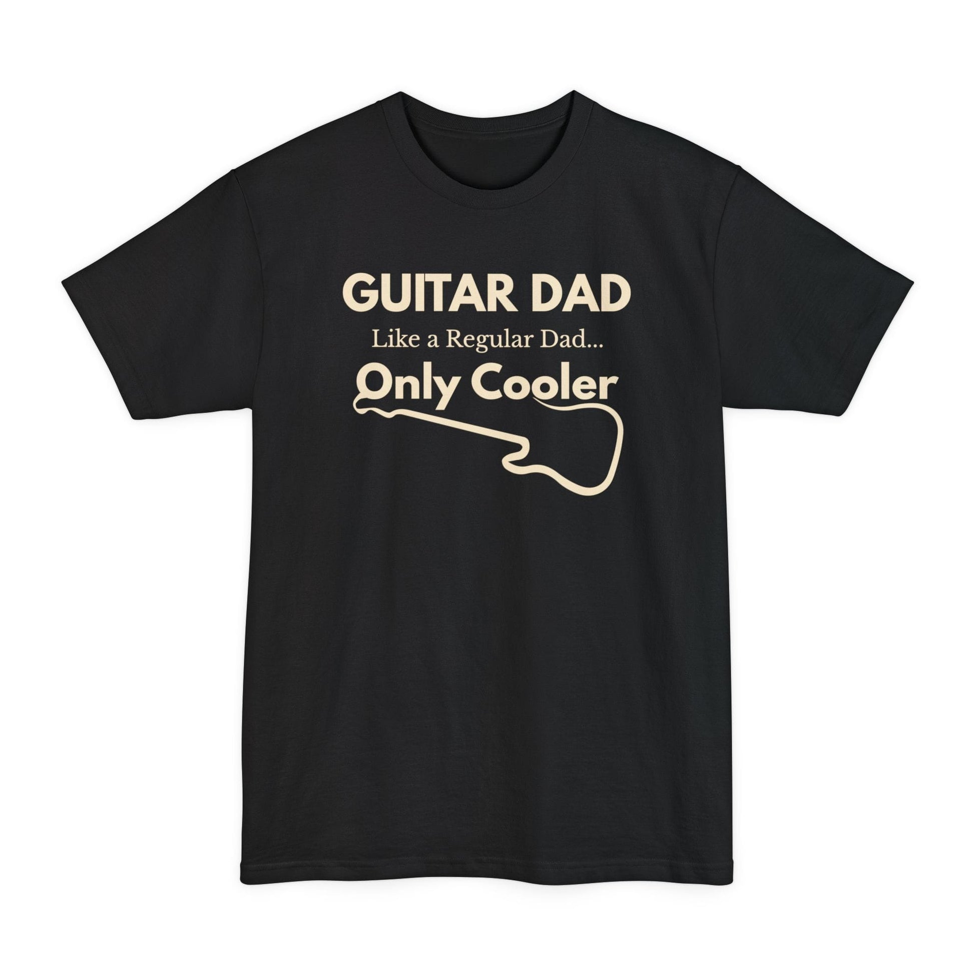 A black Guitar Dad Signature Edition Tall Fit t-shirt featuring a light beige guitar-inspired graphic on the front with integrated typography, designed with extra length for a comfortable fit.