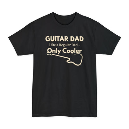 A black Guitar Dad Signature Edition Tall Fit t-shirt featuring a light beige guitar-inspired graphic on the front with integrated typography, designed with extra length for a comfortable fit.