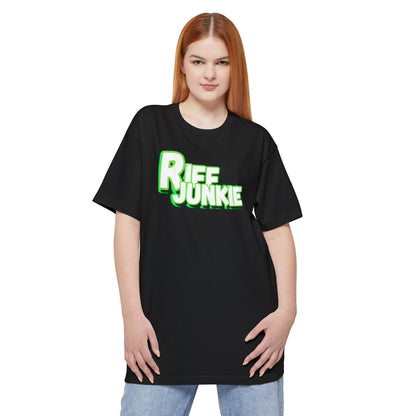 A female wearing a black short-sleeve crewneck t-shirt featuring a bold graphic on the chest that reads 'Riff Junkie' in a stylized green and white font, displayed against a solid white background.
