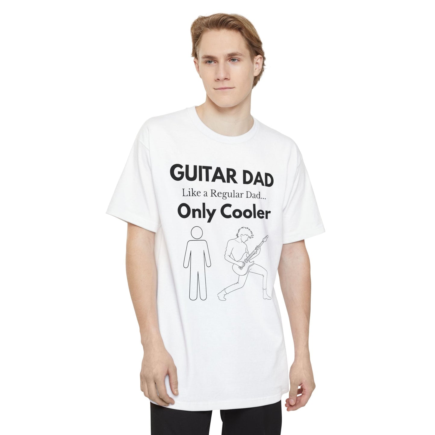 A male wearing a white Guitar Dad Signature Edition Tall Fit t-shirt featuring an integrated guitar typography design on the front, created with extra length for a comfortable fit.