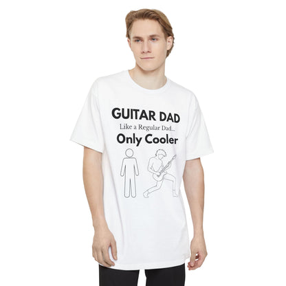 A male wearing a white Guitar Dad Signature Edition Tall Fit t-shirt featuring an integrated guitar typography design on the front, created with extra length for a comfortable fit.