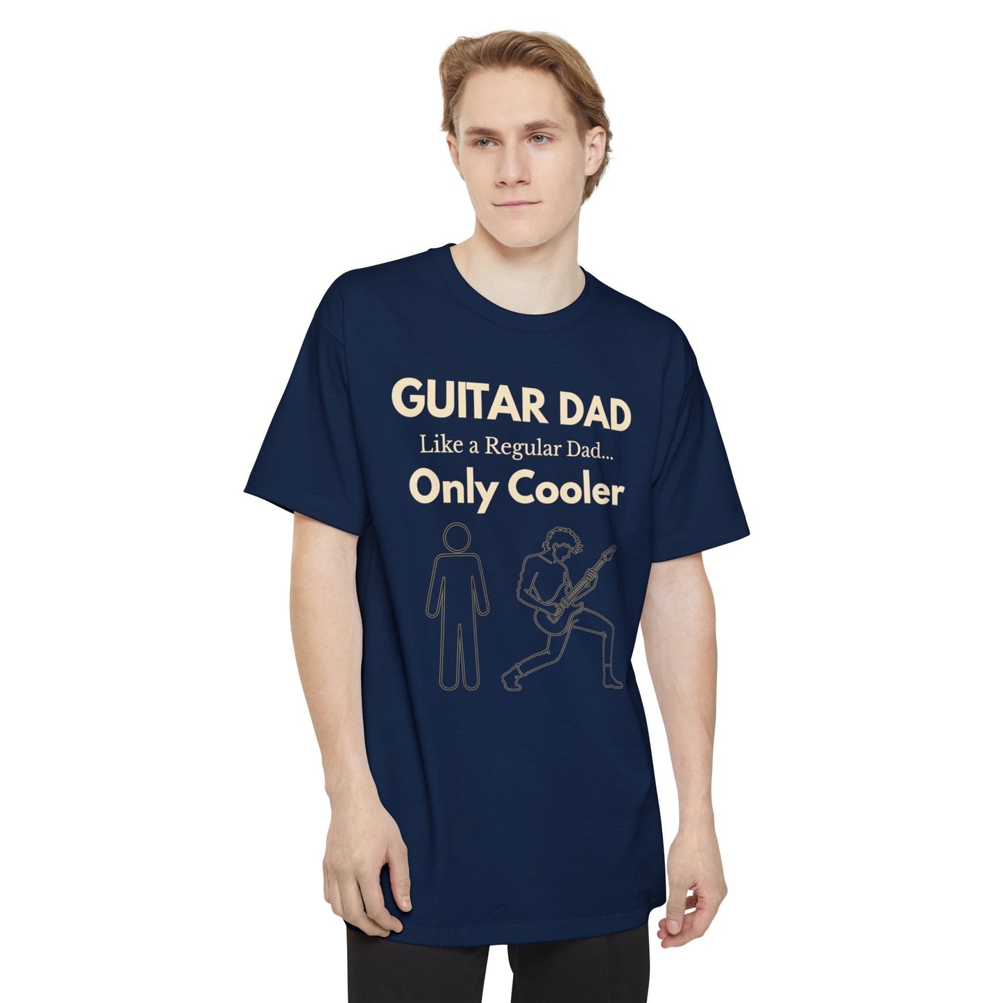 Male wearing a navy Guitar Dad Signature Edition Tall Fit t-shirt featuring an integrated guitar typography design on the front, created with extra length for a comfortable fit.