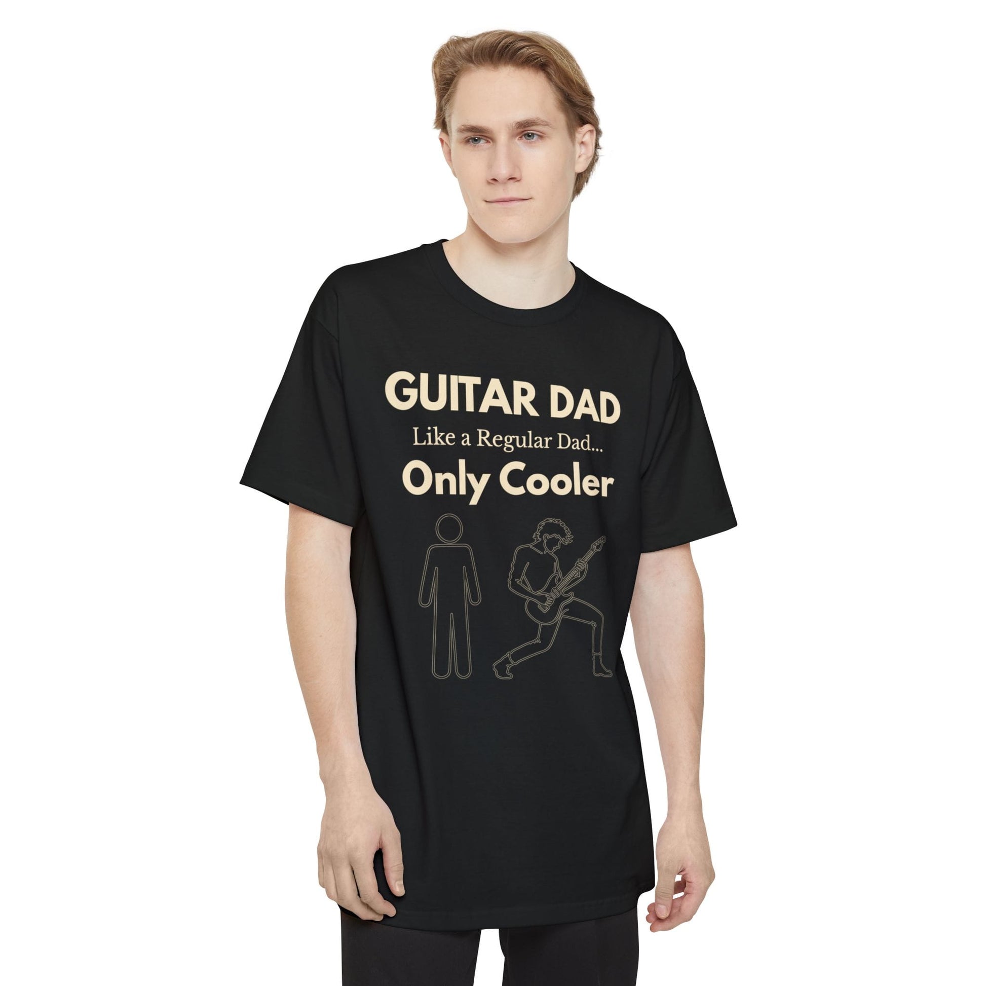 Male wearing a black Guitar Dad Signature Edition Tall Fit t-shirt featuring an integrated guitar typography design on the front, created with extra length for a comfortable fit.