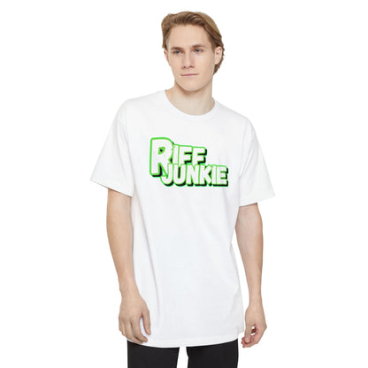 A man wearing a white t-shirt featuring a bold graphic on the chest that reads 'RIFF JUNKIE' in a stylized green and white font, displayed against a solid white background.