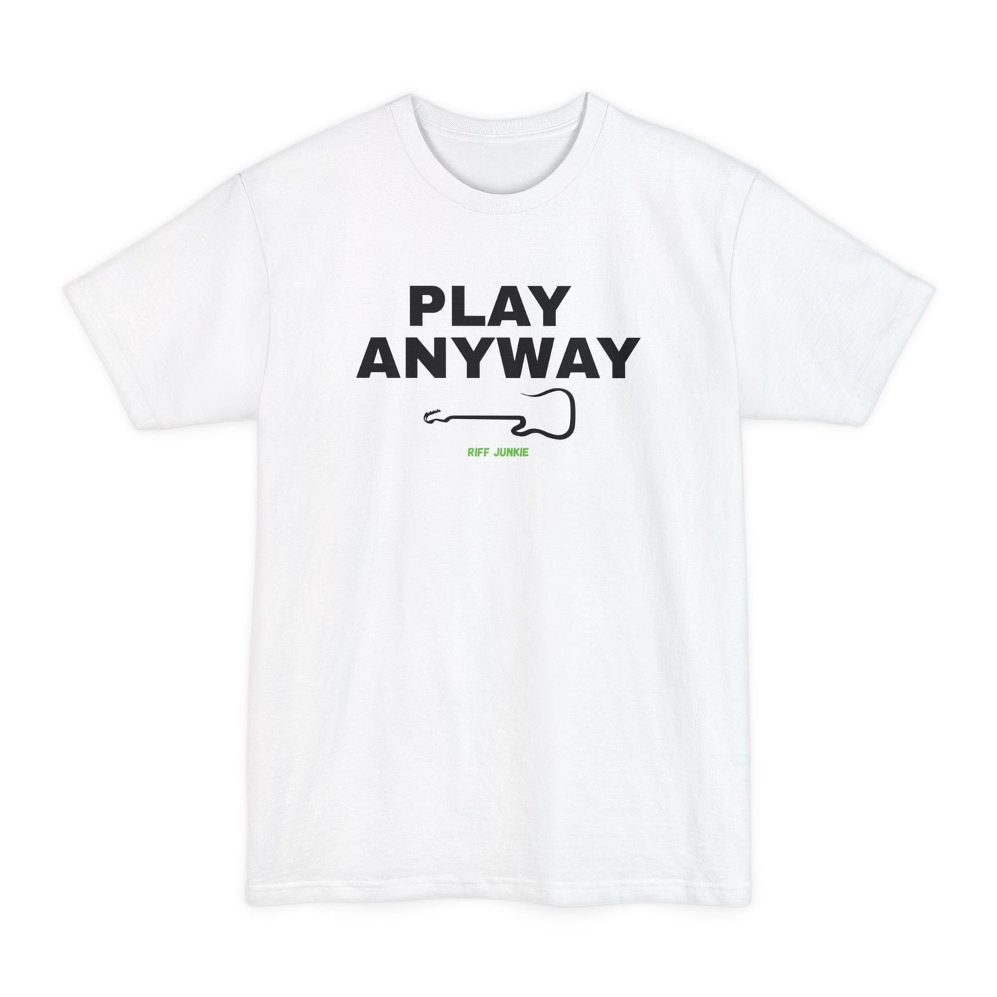 A white short-sleeve t-shirt with a graphic on the chest that reads 'PLAY ANYWAY' in beige block letters above a beige guitar outline and small green 'Riff Junkie' text, shown on a plain white background.