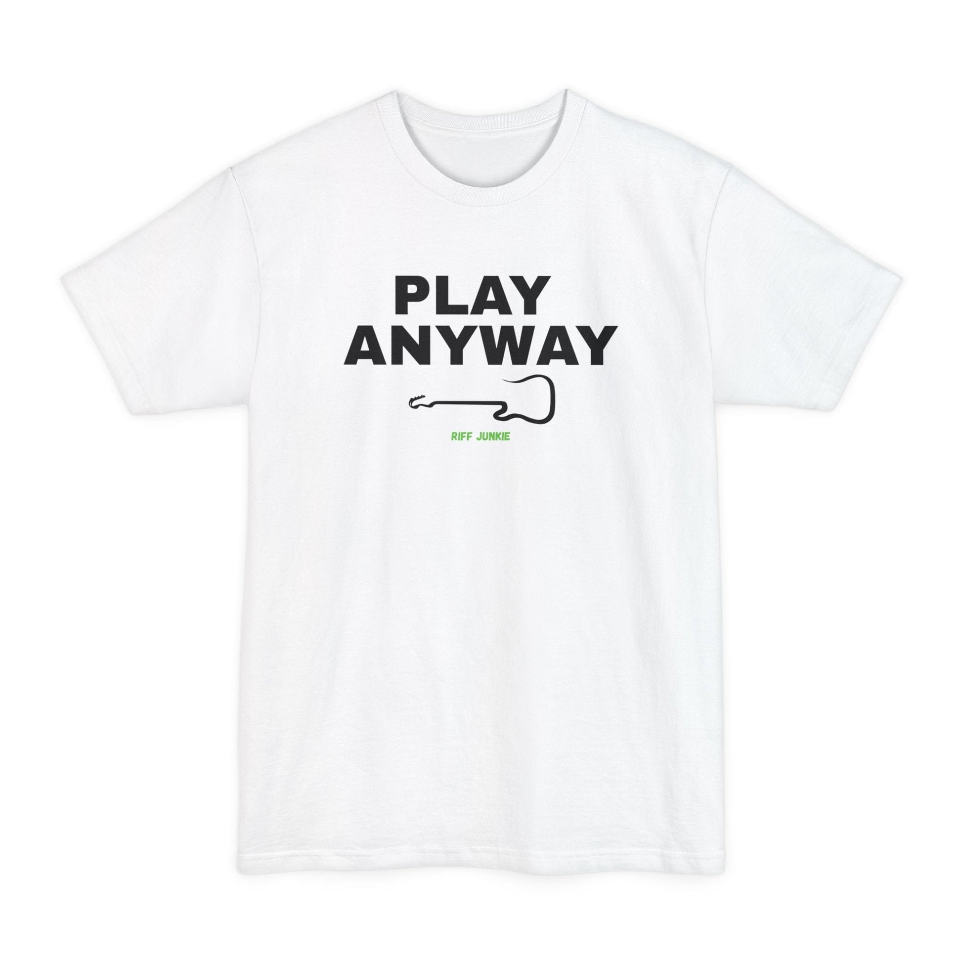 A white short-sleeve t-shirt with a graphic on the chest that reads 'PLAY ANYWAY' in beige block letters above a beige guitar outline and small green 'Riff Junkie' text, shown on a plain white background.