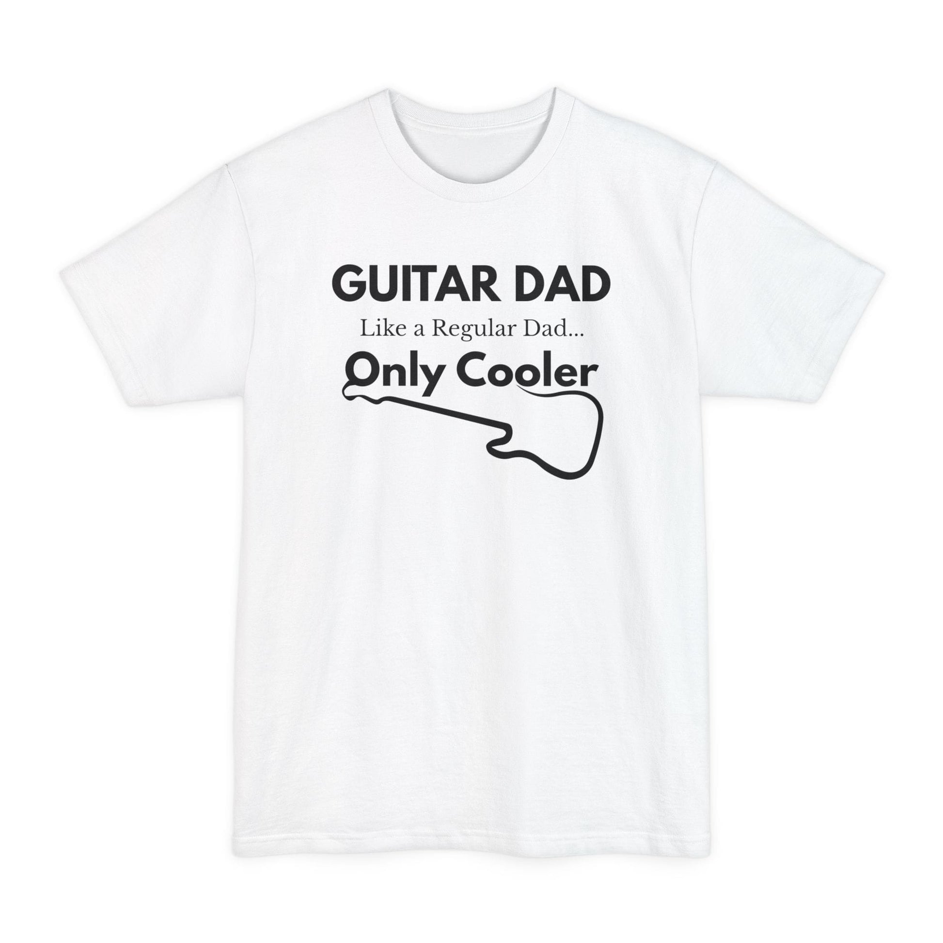 A white Guitar Dad Signature Edition Tall Fit t-shirt featuring a light beige guitar-inspired graphic on the front with integrated typography, designed with extra length for a comfortable fit.