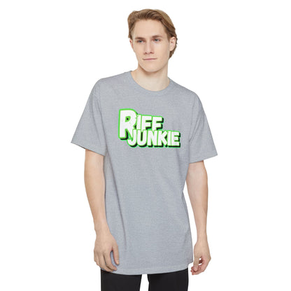 A man wearing a light gray t-shirt featuring a bold graphic on the chest that reads 'RIFF JUNKIE' in a stylized green and white font, displayed against a solid white background.