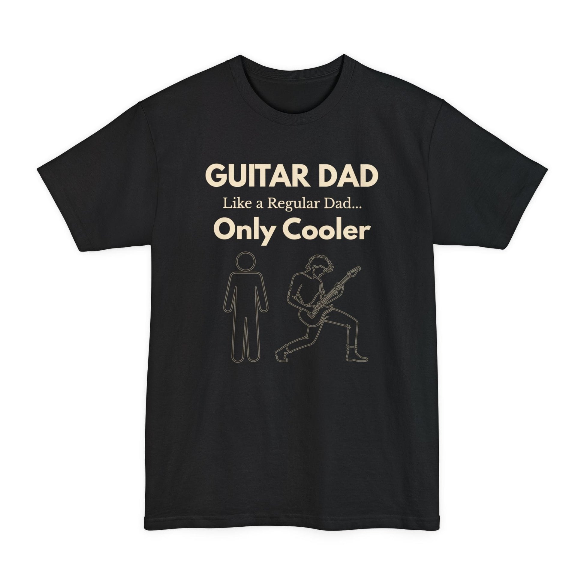 A black Guitar Dad Signature Edition Tall Fit t-shirt featuring an integrated guitar typography design on the front, created with extra length for a comfortable fit.
