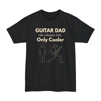 A black Guitar Dad Signature Edition Tall Fit t-shirt featuring an integrated guitar typography design on the front, created with extra length for a comfortable fit.