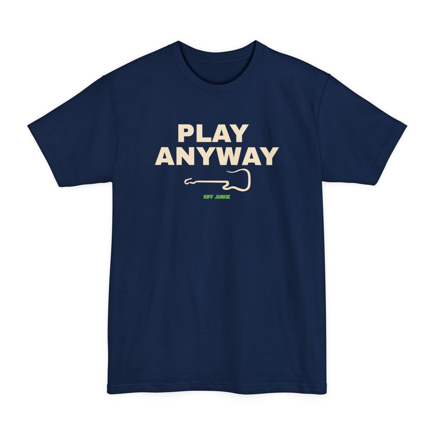 A navy short-sleeve t-shirt with a graphic on the chest that reads 'PLAY ANYWAY' in beige block letters above a beige guitar outline and small green 'Riff Junkie' text, shown on a plain white background.