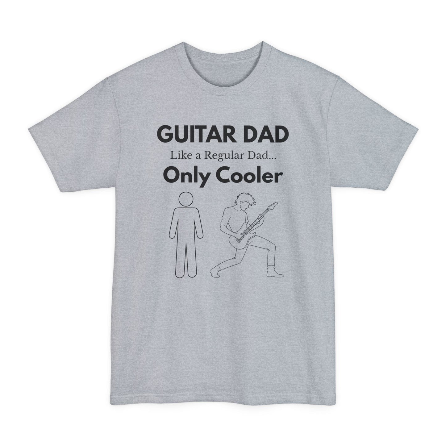 A gray Guitar Dad Signature Edition Tall Fit t-shirt featuring an integrated guitar typography design on the front, created with extra length for a comfortable fit.