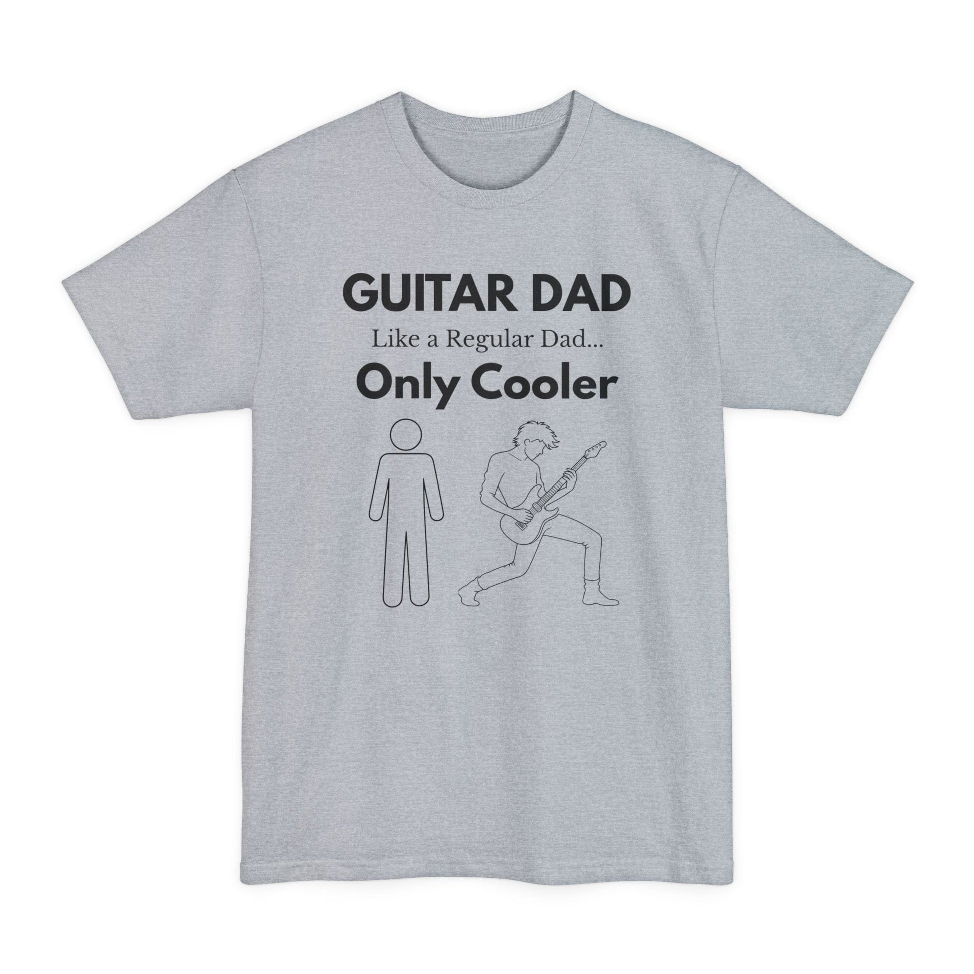 A gray Guitar Dad Signature Edition Tall Fit t-shirt featuring an integrated guitar typography design on the front, created with extra length for a comfortable fit.