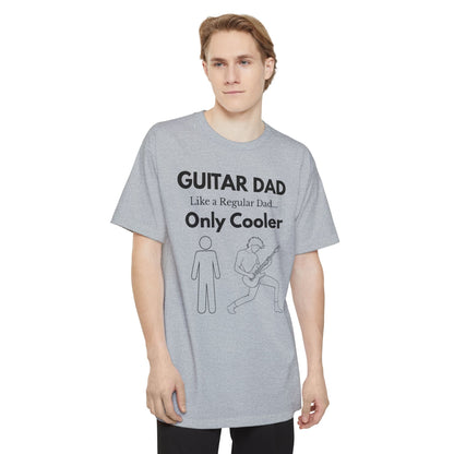 A male wearing a gray Guitar Dad Signature Edition Tall Fit t-shirt featuring an integrated guitar typography design on the front, created with extra length for a comfortable fit.
