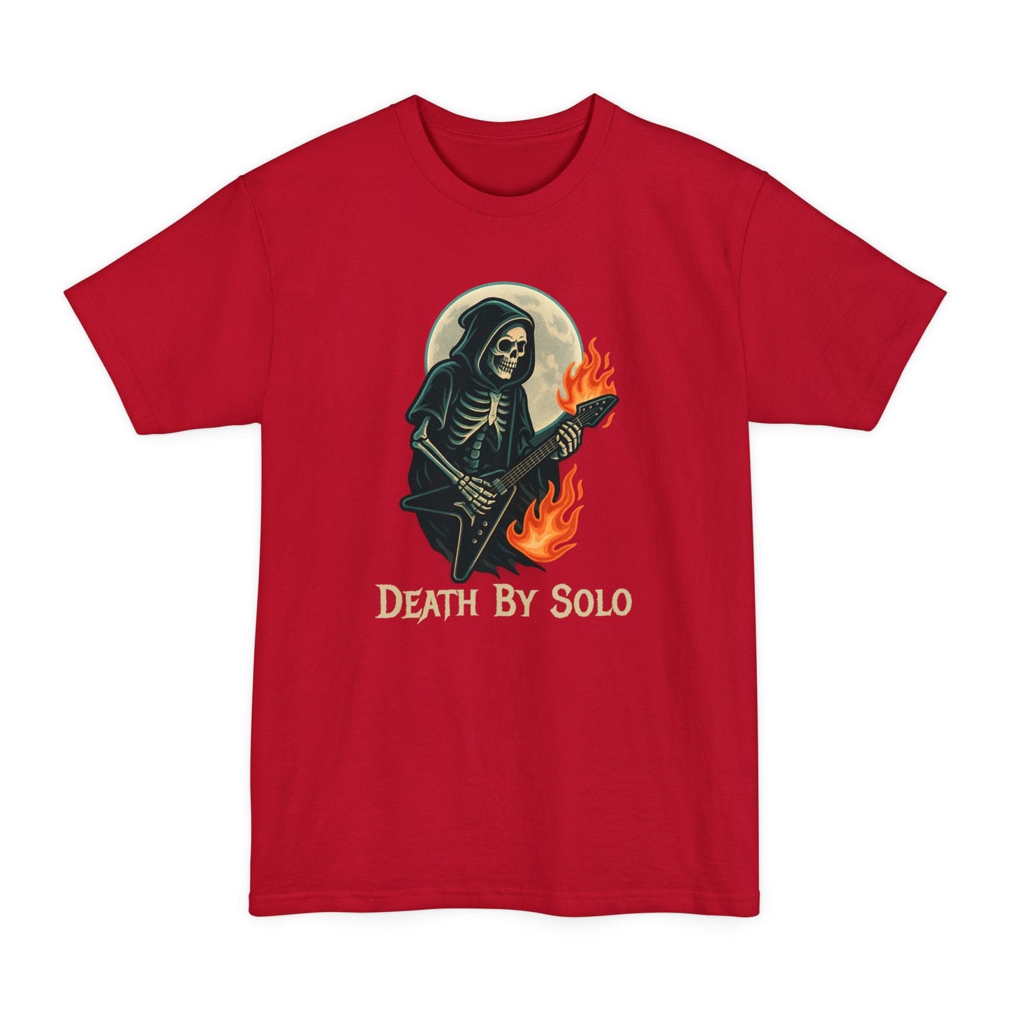 A red short-sleeve t-shirt featuring a graphic of a grim reaper playing a guitar with flames, set against a full moon, with the text 'DEATH BY SOLO' printed below.