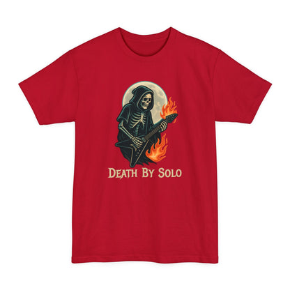 A red short-sleeve t-shirt featuring a graphic of a grim reaper playing a guitar with flames, set against a full moon, with the text 'DEATH BY SOLO' printed below.