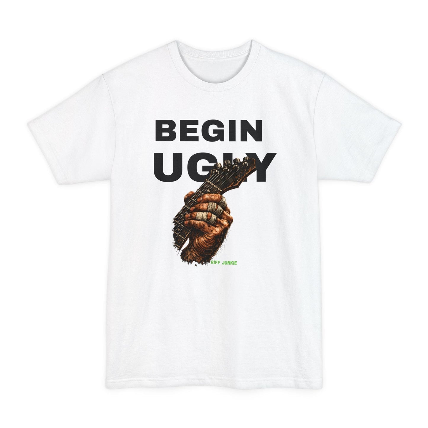A white short-sleeve t-shirt featuring a graphic print on the front. The design displays the text 'BEGIN UGLY' in a distressed cream-colored font above an illustration of a hand holding a guitar, with  "Riff Junkie" in neon green.