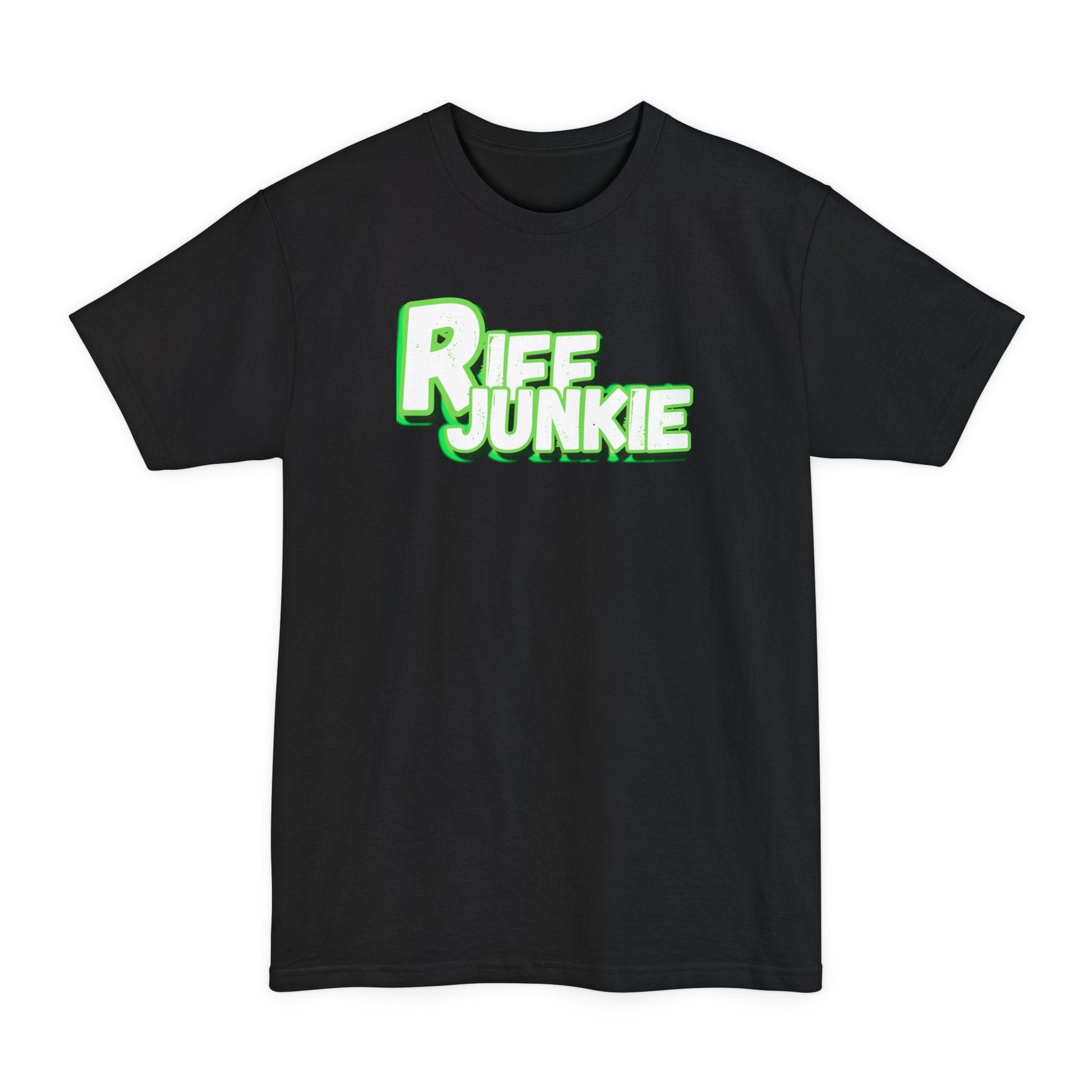 A black short-sleeve crewneck t-shirt featuring a bold graphic on the chest that reads 'Riff Junkie' in a stylized green and white font, displayed against a solid white background.