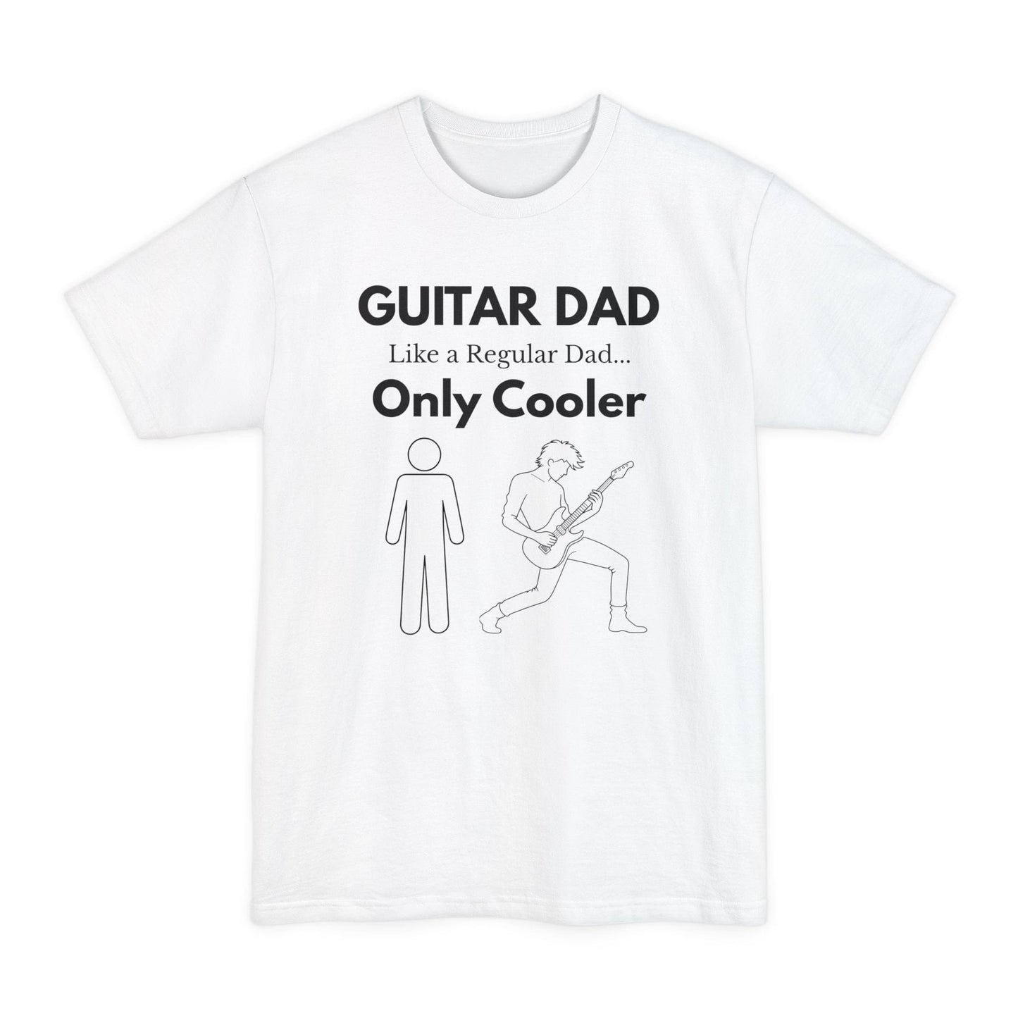 A whiteGuitar Dad Signature Edition Tall Fit t-shirt featuring an integrated guitar typography design on the front, created with extra length for a comfortable fit.