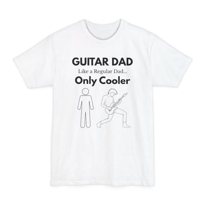 A whiteGuitar Dad Signature Edition Tall Fit t-shirt featuring an integrated guitar typography design on the front, created with extra length for a comfortable fit.